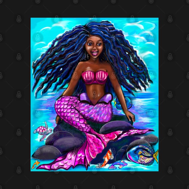 Black mermaid with flowing locks singing , brown eyes Afro hair and caramel brown skin by Artonmytee
