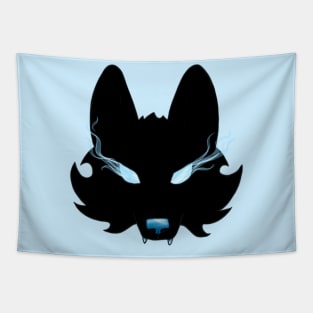 Blue Eyed Black Wolf Mask Tapestry