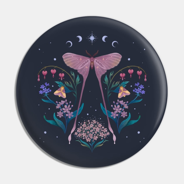 Pink Moth and Bleeding Heart Pin by Episodic Drawing