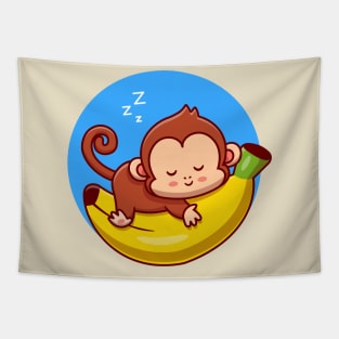 Cute Monkey Sleeping On Banana Cartoon Tapestry