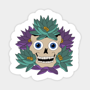 Skull Tattoo Design - Purple and Turquoise Flowers - Day Of The Dead Magnet