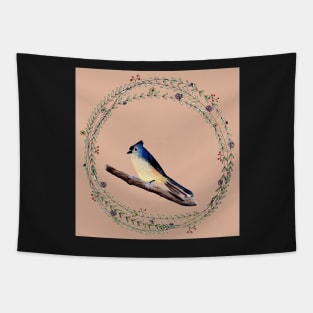 Whimsical bird with watercolor wreath1 Tapestry