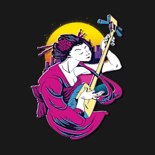 Geisha with shamisen in Vaporwave T-Shirt