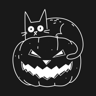 A Cute Cat with a Pumpkin - Halloween spooky kitty Black White. Trendy. Gift idea. Cat lover T-Shirt