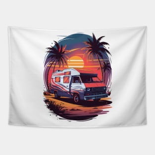 Vintage Camper Van Tropical Sunset Tapestry