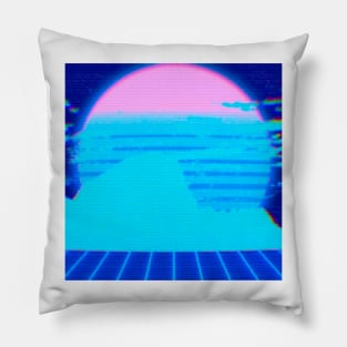 retrowave mountain VHS blue Pillow