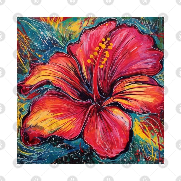 Red and Orange Hibiscus Flower in art brut style by EpicFoxArt