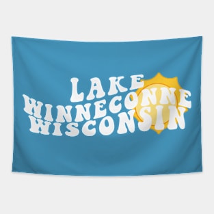 Sunshine in Lake Winneconne Wisconsin Retro Wavy 1970s Summer Text Tapestry