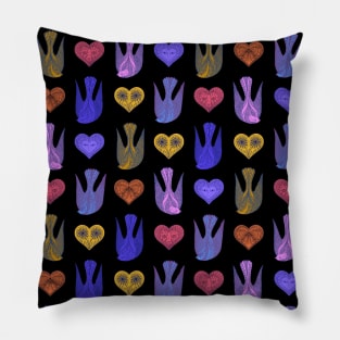 Lovely love birds with hearts pattern on black background Pillow