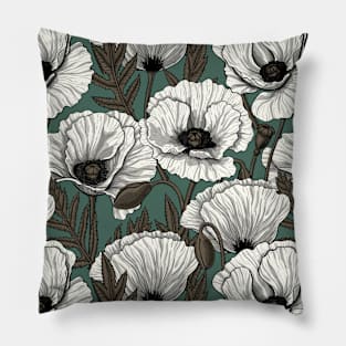 Poppy garden in white, brown and pine green Pillow