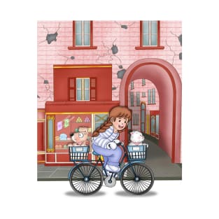 Cute Girl Cycling Around The Town With Dog And Cat T-Shirt