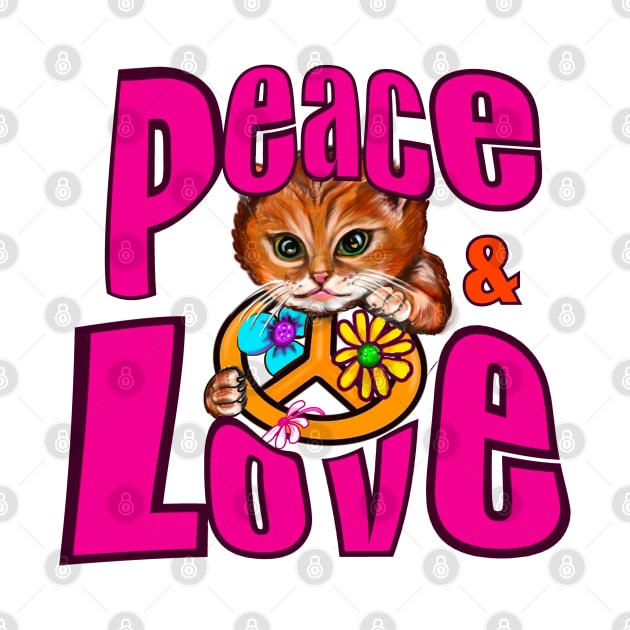 Vintage Retro 60s 70s Pace and Love Flower Power Cat by Artonmytee