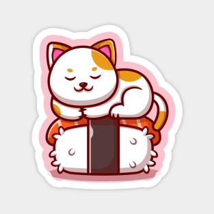 Cute Cat Sleeping On Salmon Sushi Cartoon Magnet