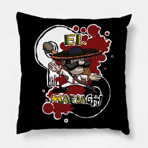 El Mariachi Tai Chi White Pillow by Kev Brett Designs