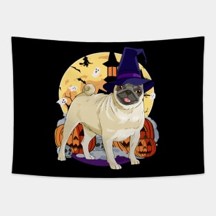 Pug Witch Pumpkin Happy Halloween Tapestry