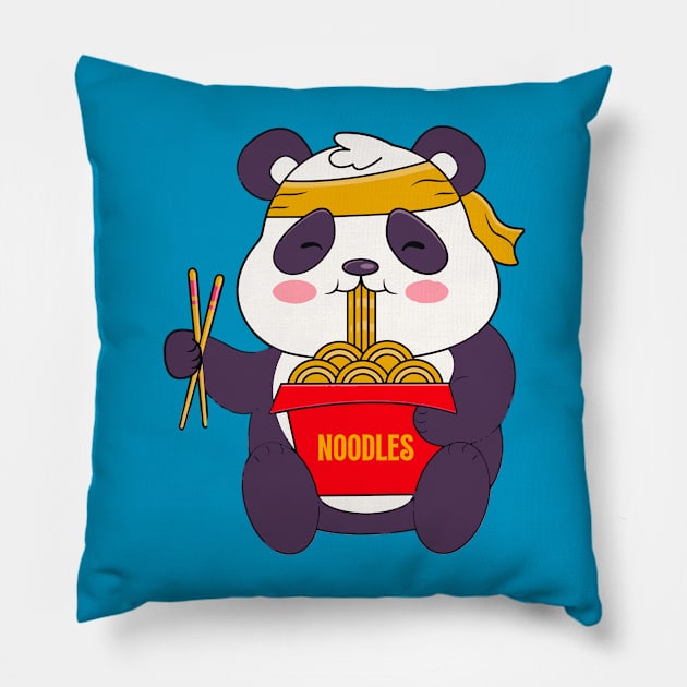 Funny Panda Eating Ramen Noodles Pillow by Illustradise