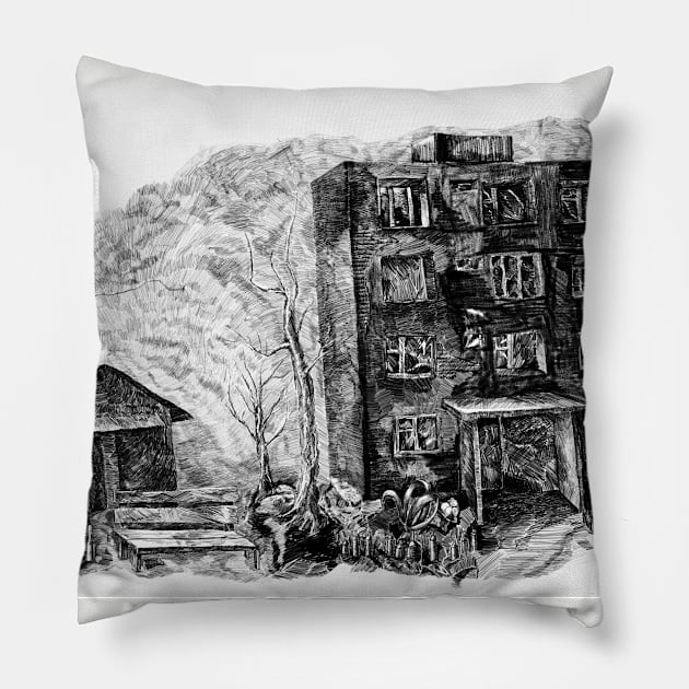 Yard on the outskirts of the industrial city. Pillow by ros_visual1