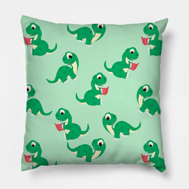 Cute Dino Reading Print Pillow by happyvibesprints