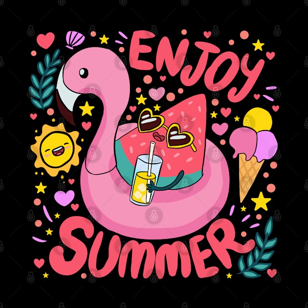 Enjoy Summer a fun summer time vacation design watermelon in a flamingo floaty by Yarafantasyart