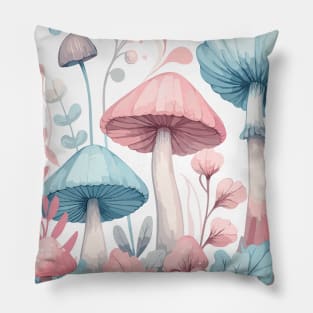 Pink and Sky Blue Mushroom Pattern on White Pillow