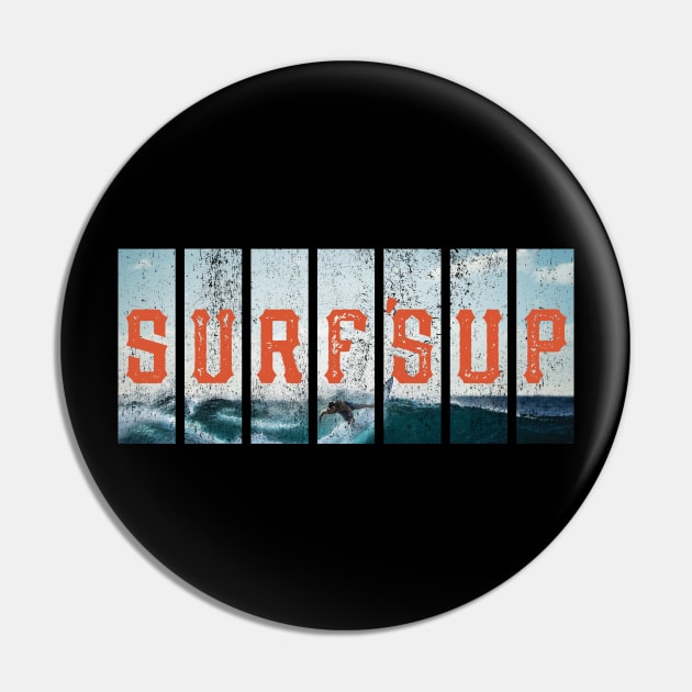 Hang 10 Surfs Up Beach Retro Distressed Surfing Pin by lucidghost