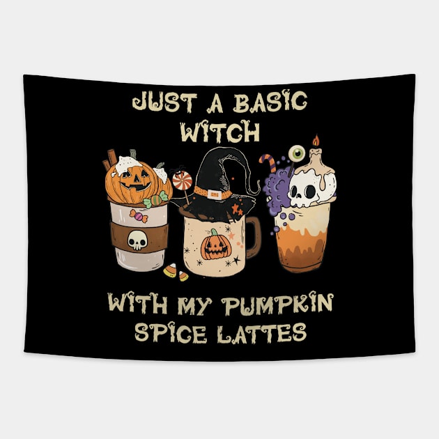 Just a basic witch with my pumpkin spice lattes (dark color version) Tapestry by starwilliams