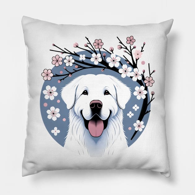 Braque Francais Pyrenean Enjoys Spring's Cherry Blossoms Pillow by ArtRUs