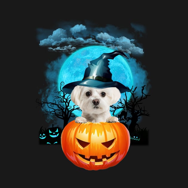 White Maltese Witch Hat Pumpkin And Blue Moon Halloween by PlumleelaurineArt