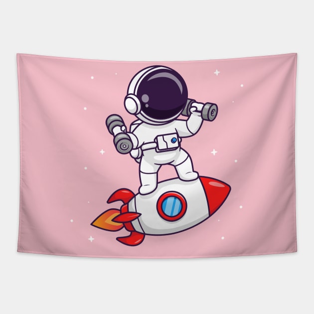 Cute Astronaut Lifting Dumbbell On Rocket Cartoon Tapestry by Catalyst Labs