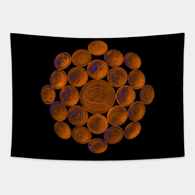 Orange USA Twenty Dollars Coin - Surrounded by other Coins Tapestry by The Black Panther