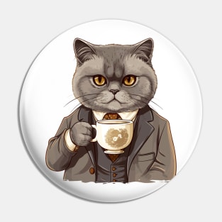 British Shorthair Cat Drinking Coffee Pin