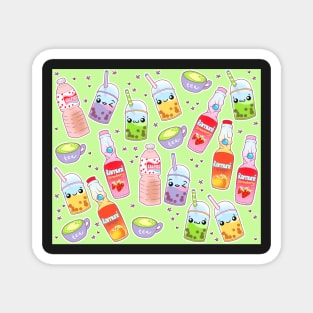 Colorful Kawaii Drinks on Green Magnet