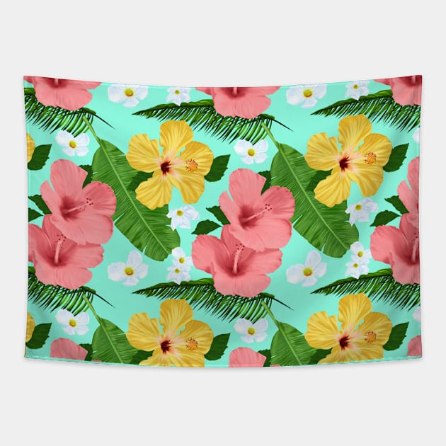 Tropical Hibiscus and Palm Fronds in Teal Tapestry by ChaneyAtelier