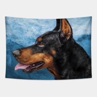 Gorgeous Doberman Painting on Blue Background Tapestry