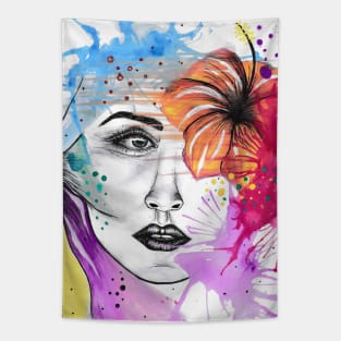 Girl with a flower and colors - watercolor art Tapestry