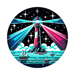 Neon Lighthouse Harbor Night Art T-Shirt