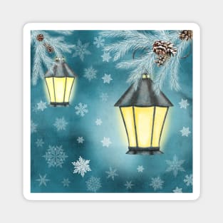 Antique streetlamps watercolor illustration. Winter snowflakes fantasy background. Vintage streetlights. Spruce tree branches Magnet