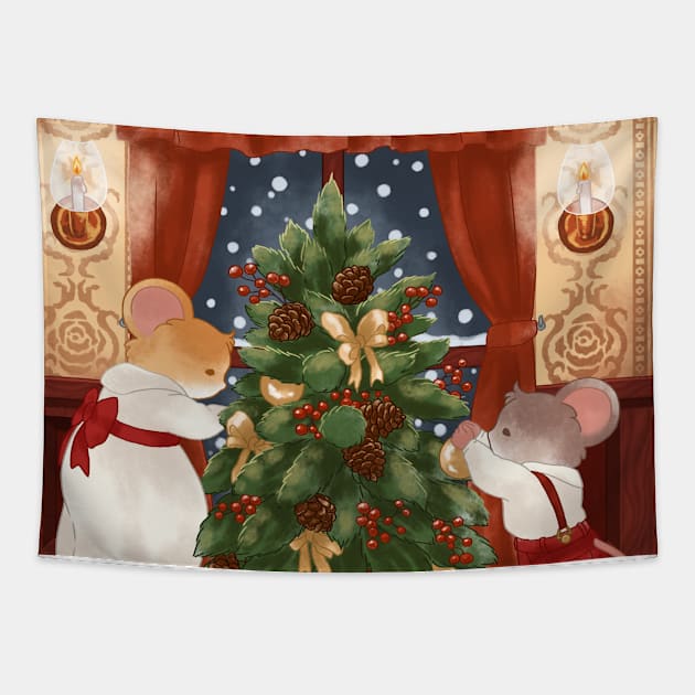 Cottagecore Mice Decorating Christmas Tree Tapestry by Jieul