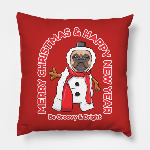 Bulldog dog in snowman costume Pillow by Wahyuwm48