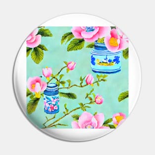 Magnolia in chinoiserie jars on green Pin