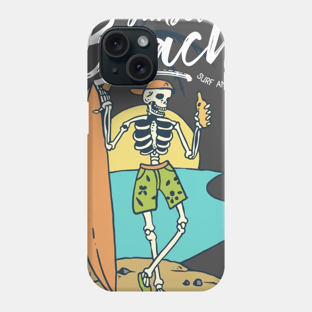 Sunset Beach Surfing | Skeleton Drinking Surfer Cali Cool Phone Case by MrWatanabe