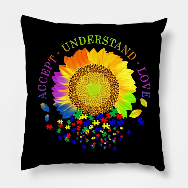 Autism Awareness Shirts Sunflower Accept Understand Love - Cute Funny Graphic Puzzle Autism Mom Pillow by Otis Patrick