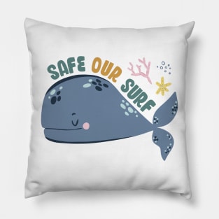 Safe our Surf quote with cute sea animal whale, starfish, coral and shell Pillow