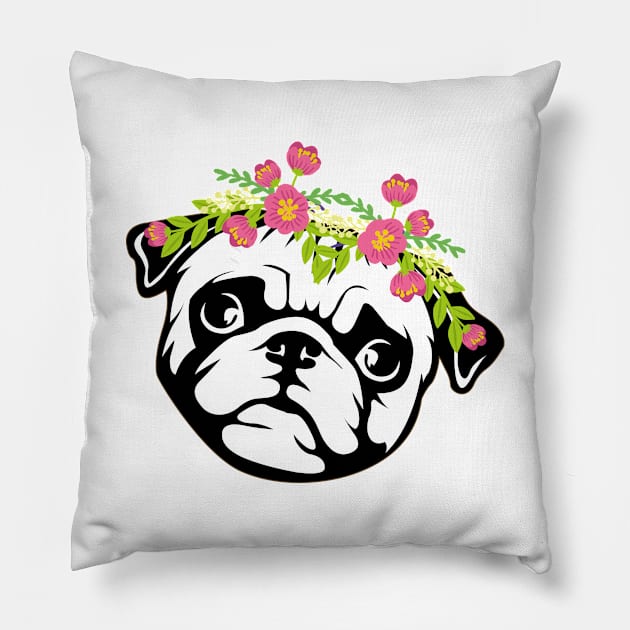 Cute face Pug + Flower crown Pillow by Pet & Nature Lovers