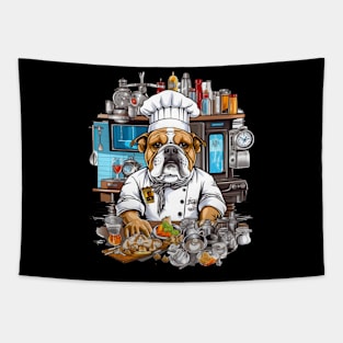 Accountant English Bulldog t-shirt design, a bulldog wearing a chef's hat and holding a kitchen timer Tapestry