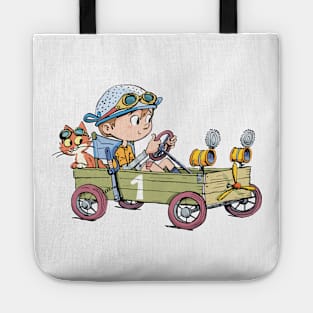 boy in a wooden cart and a cat imagines that he is in a racing car Tote