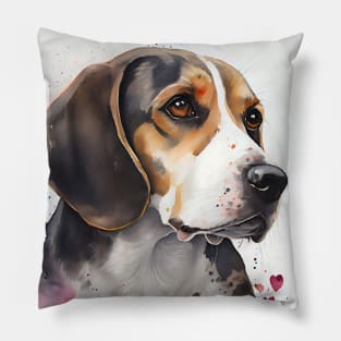 A Watercolor Beagle Dog Portrait with Loose Valentine Hearts Pillow