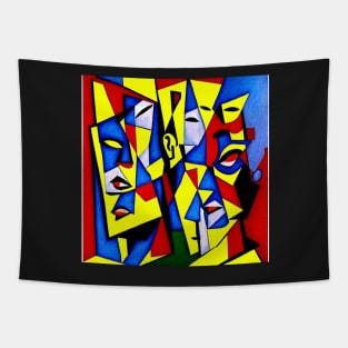 featured on deviantart, cubism, defined facial features, three heads, complementary colourhree colors, parallelism, close-up print of fractured, drawings Tapestry