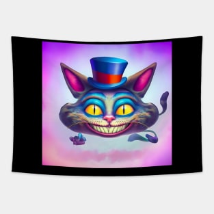 Alice in Wonderland Cheshire cat floating on pink clouds Tapestry