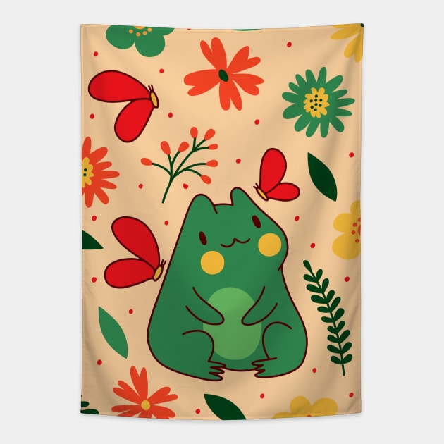 Cute Cottagecore Frog Floral Aesthetic Tapestry by Sugoi Otaku Gifts